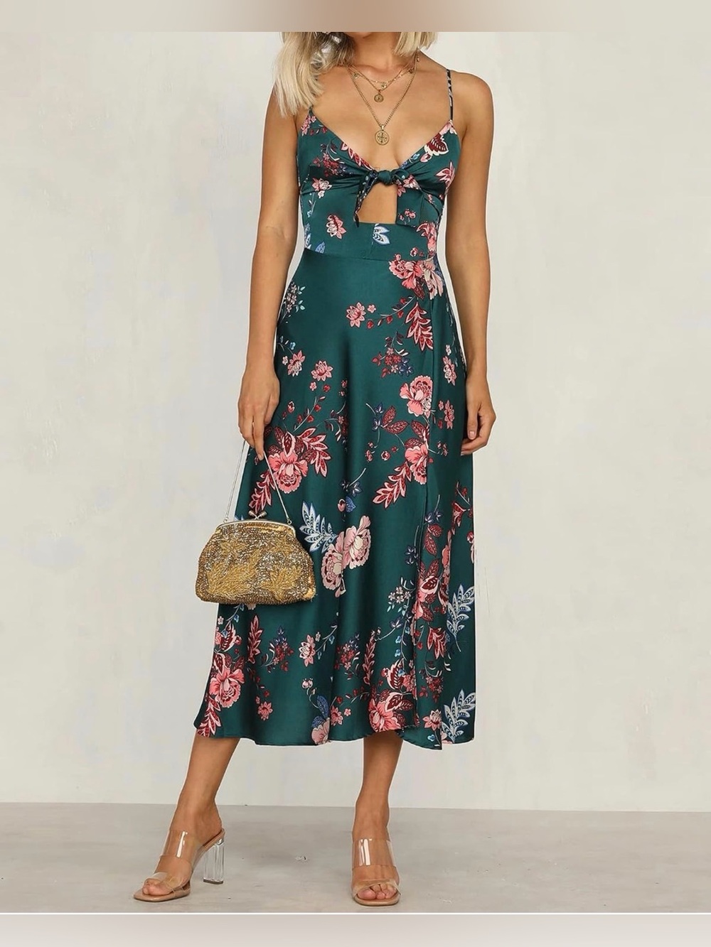 Fashionme Floral Tie-Front Midi Dress in Deep Teal